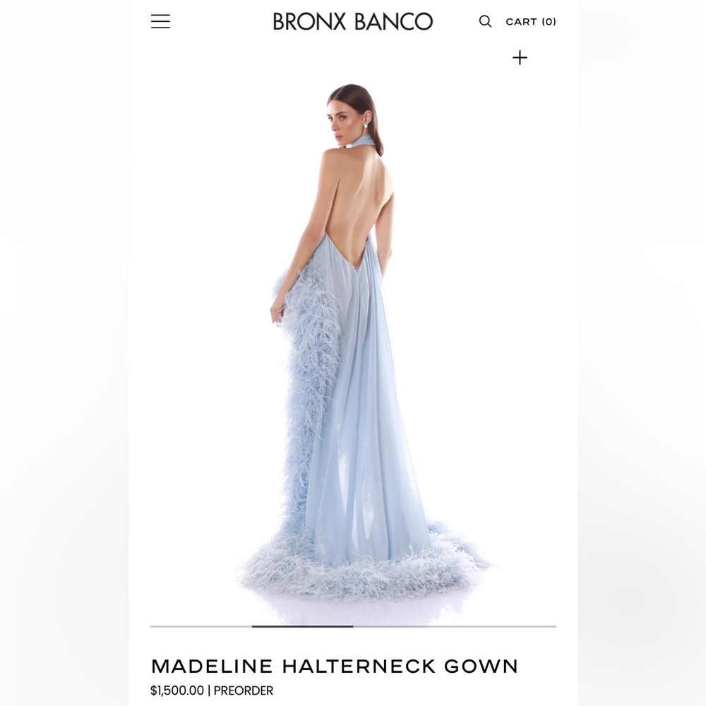 Bronx and Banco Sky Blue Halter Feather-Trim High-Low Gown - Picture 4 of 4